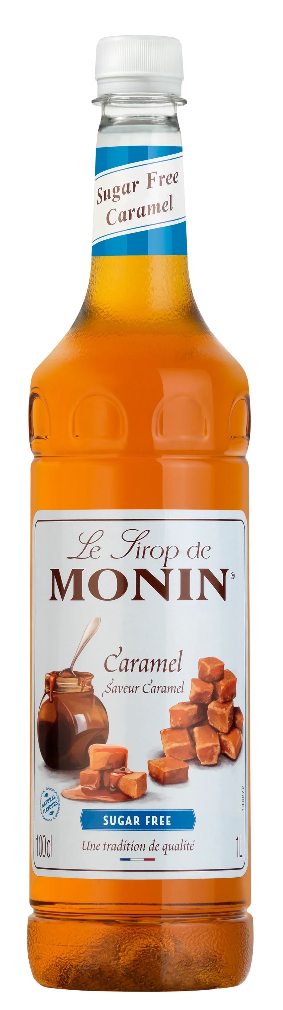 Bottle of Monin Caramel syrup with a white cap on a white background
