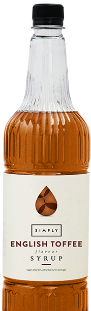 A bottle of Simply English Toffee Syrup with a label showing the product name and syrup visible through the clear bottle.