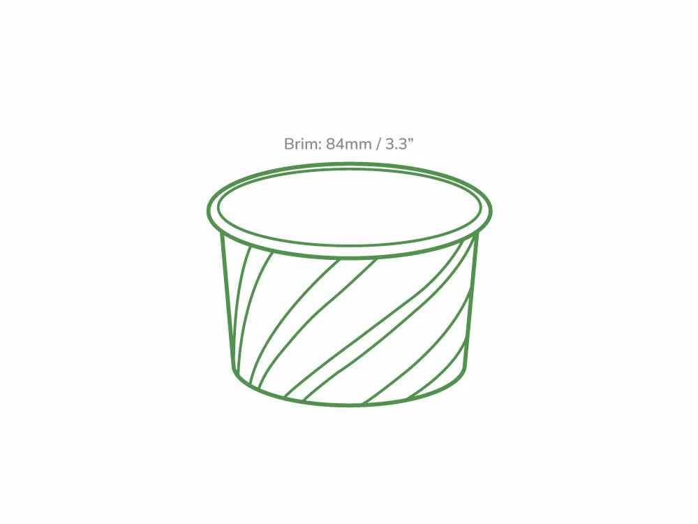 Technical line drawing of medium patterned ice cream tub (6oz) dimensions, brim 84mm or 3.3 inches.