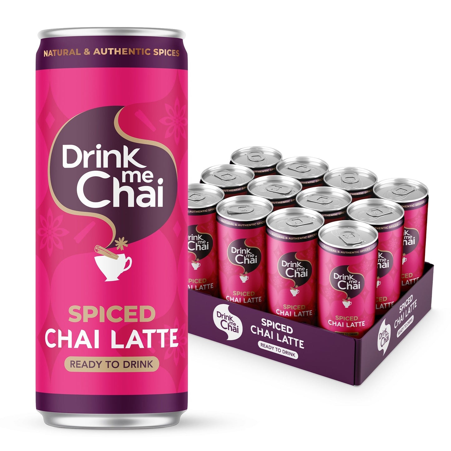 Pink can of Drink me Chai Spiced Chai Latte with a box of similar cans on a white background