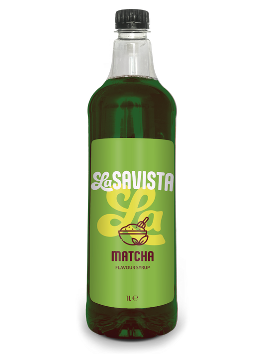 Matcha syrup LaSavista green bottle flavour syrup product photo for latte drink recipe