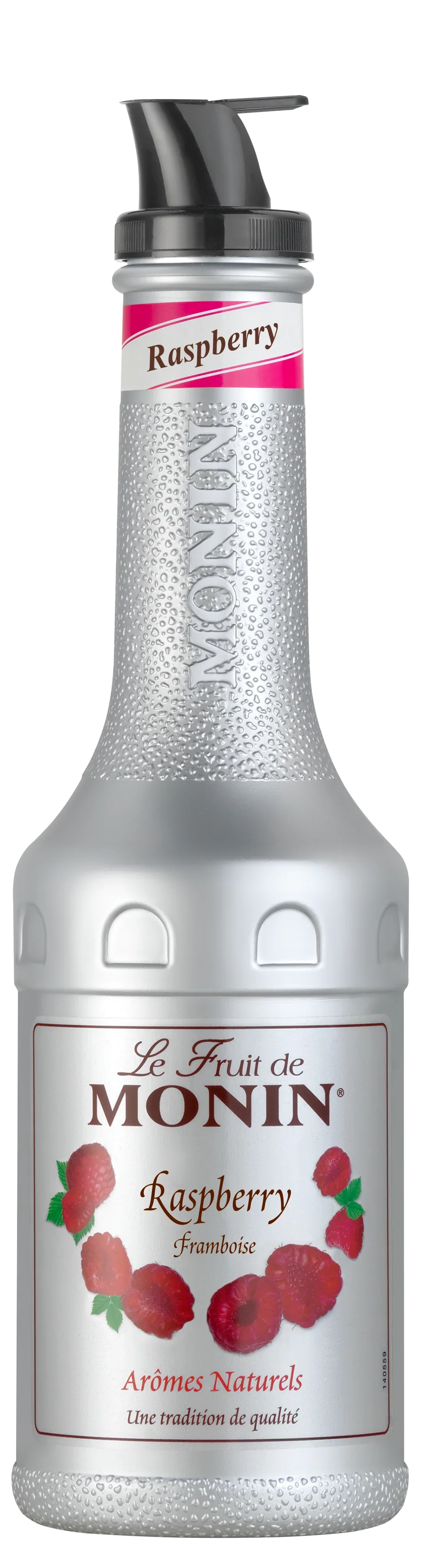 Monin raspberry puree bottle with silver container and black cap