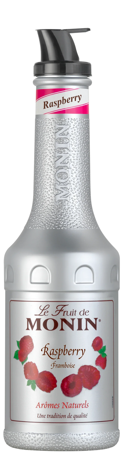 Monin raspberry puree bottle with silver container and black cap