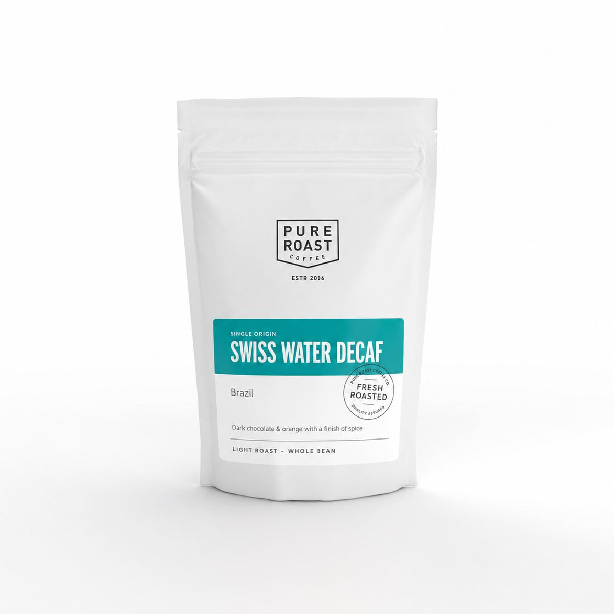 A white stand-up pouch of Pure Roast Coffee Swiss Water Decaf on a clean white background.