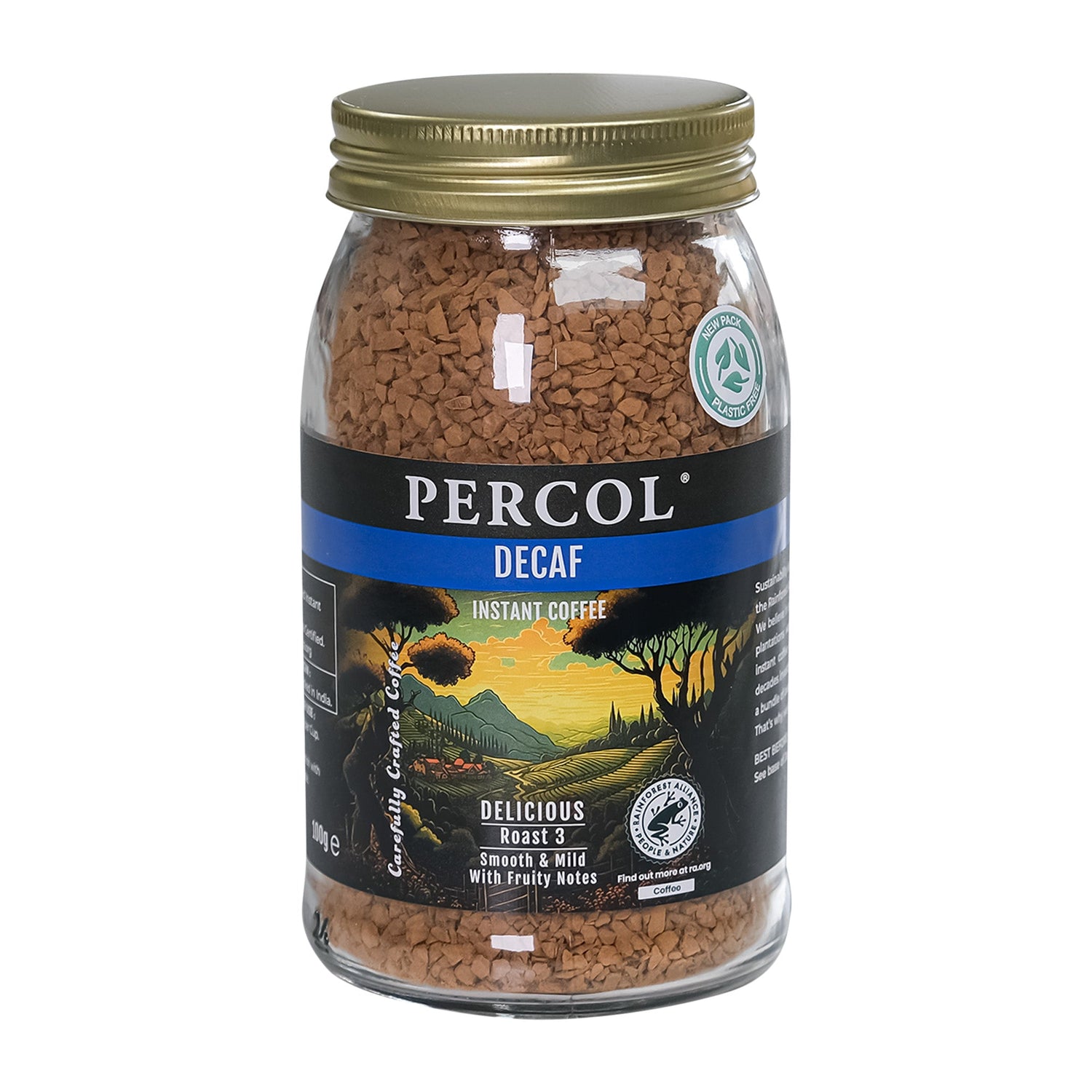 A jar of Percol Decaf Instant Coffee 100g with a label showing the brand, product name, and an image of a coffee plantation.