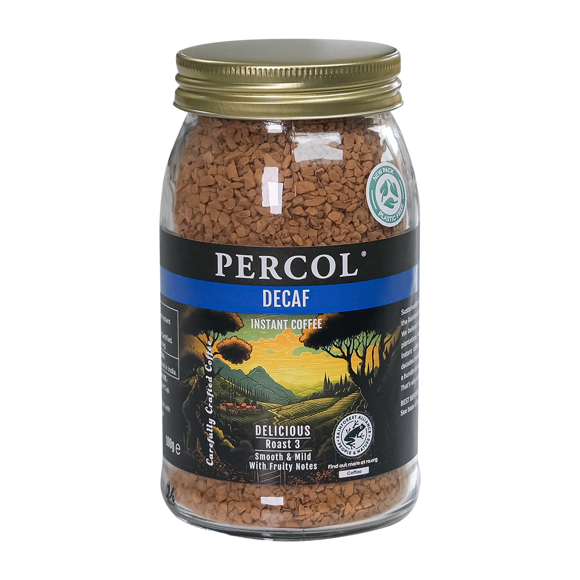 A jar of Percol Decaf Instant Coffee 100g with a label showing the brand, product name, and an image of a coffee plantation.