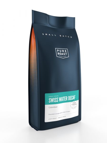 A package of Swiss Water Decaf whole bean coffee, 1kg, by Pure Roast.
