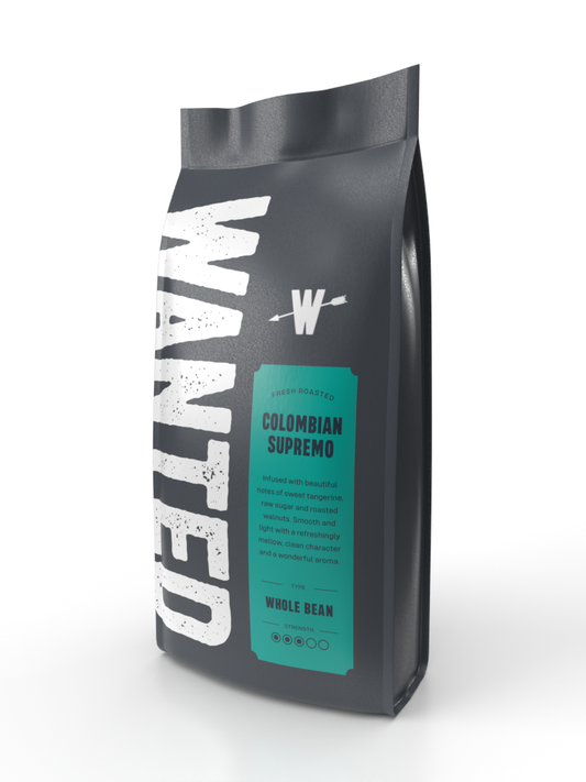 Coffee bag labeled 'WANTED' with 'Colombian Supremo' on a white background
