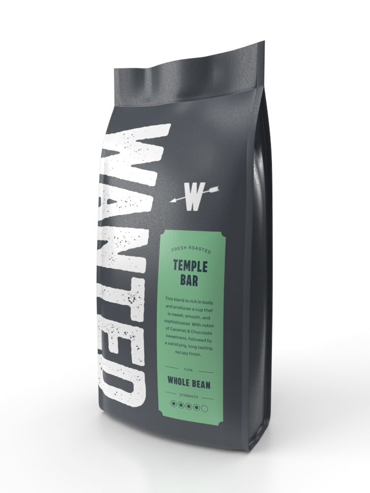 Wanted coffee beans packaging with 'Temple Bar' on a white background