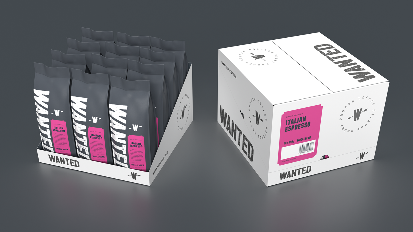 Retail display box with multiple coffee beans bags and Italian espresso packaging, specialty coffee branding showcase