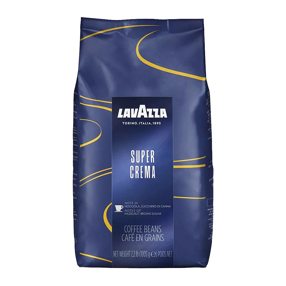 A package of Lavazza Super Crema coffee beans. The package is predominantly blue with yellow accents and the Lavazza logo prominently displayed.